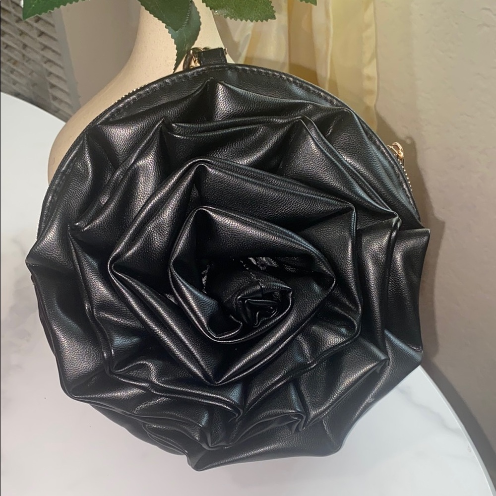 Sculptural Black Faux Leather Rose Wristlet